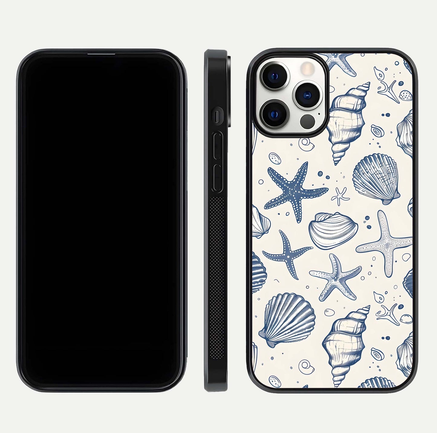 Blue Ocean Outline Glass Case for iPhone 12 Pro front-and-back layout showing minimal wave design and HD gloss