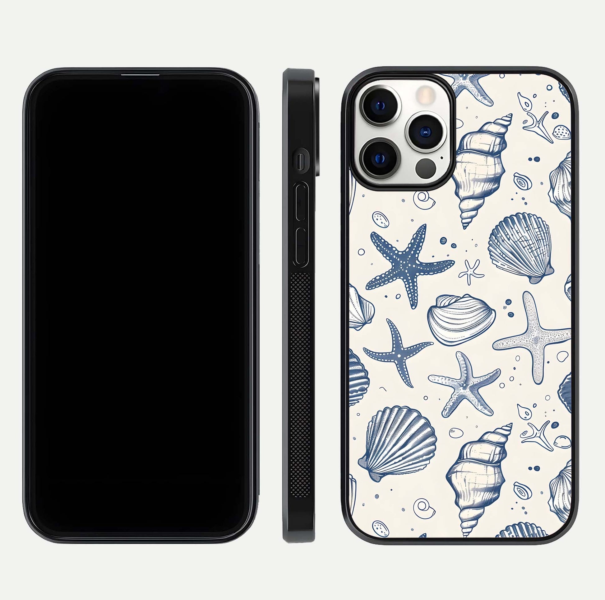 Blue Ocean Outline Glass Case for iPhone 12 Pro front-and-back layout showing minimal wave design and HD gloss