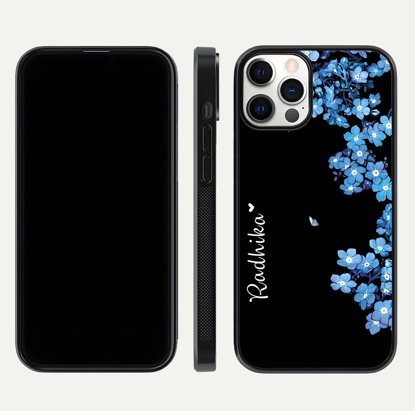 Blue Petal Dream Custom Name Glass Case for iPhone 12 Pro dual-view layout showing text placement and premium finish
