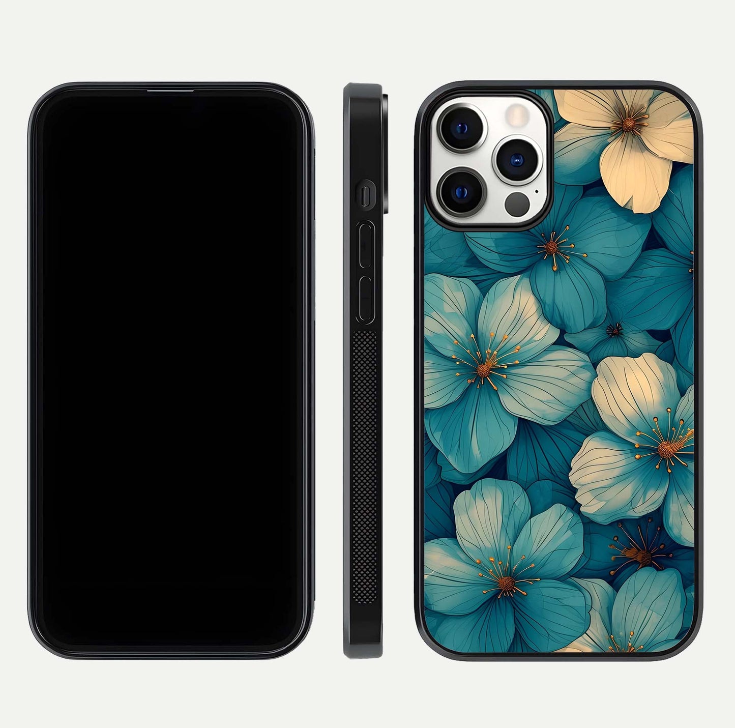 Blue Shade Floral Glass Case for iPhone 12 Pro front-and-back layout displaying bloom contrast and edge polish