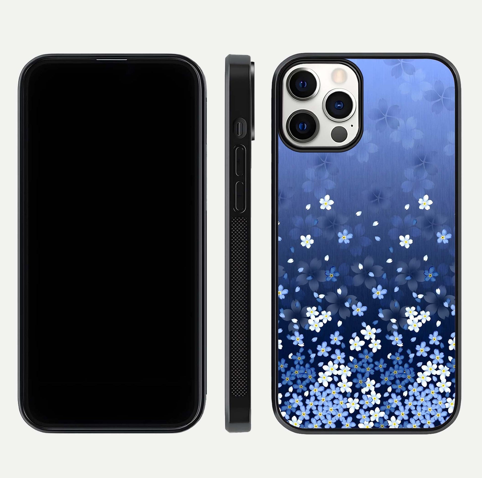 Blue Starry Glass Case for iPhone 12 Pro dual-view layout showing star spread and smooth edge shine
