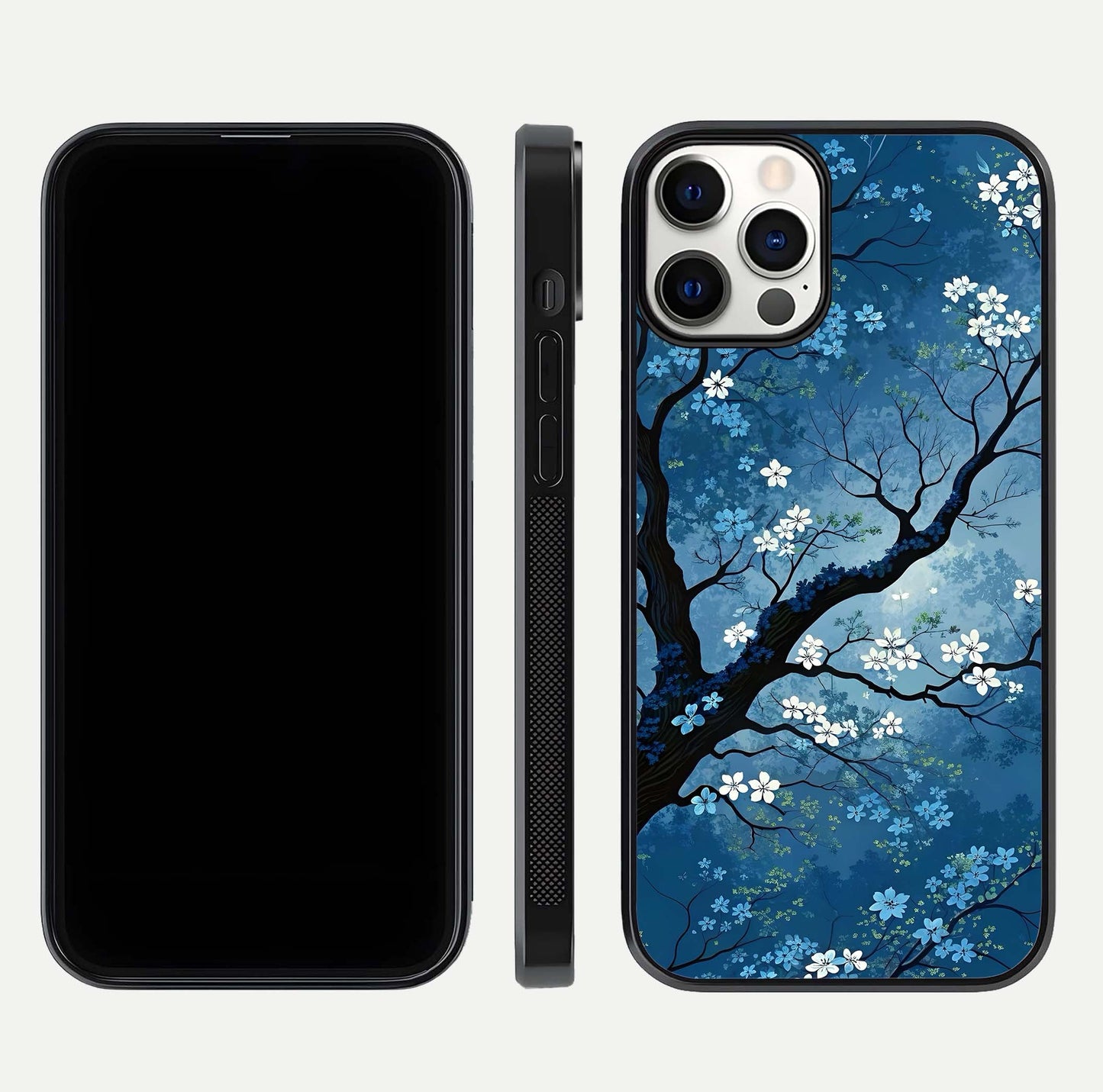 Blue Tree Serenity Glass Case for iPhone 12 Pro front-and-back layout showing gradient background and smooth edges