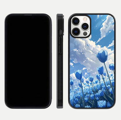 Blue Tulip Clouds Glass Case for iPhone 12 Pro front-and-back layout showcasing floral detail and polished edges