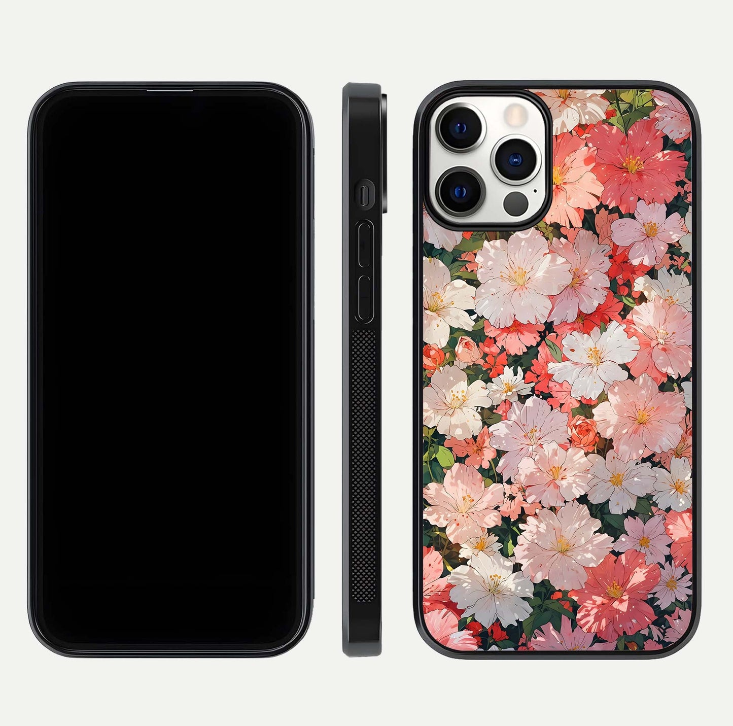 Blush Bloom Field Glass Case for iPhone 12 Pro dual-view layout showing bloom arrangement and protective frame