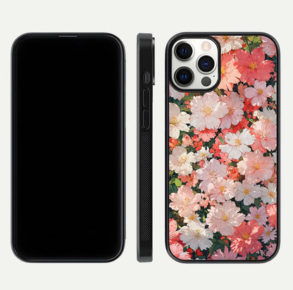 Blush Bloom Field Glass Case for iPhone 12 Pro dual-view layout showing bloom arrangement and protective frame