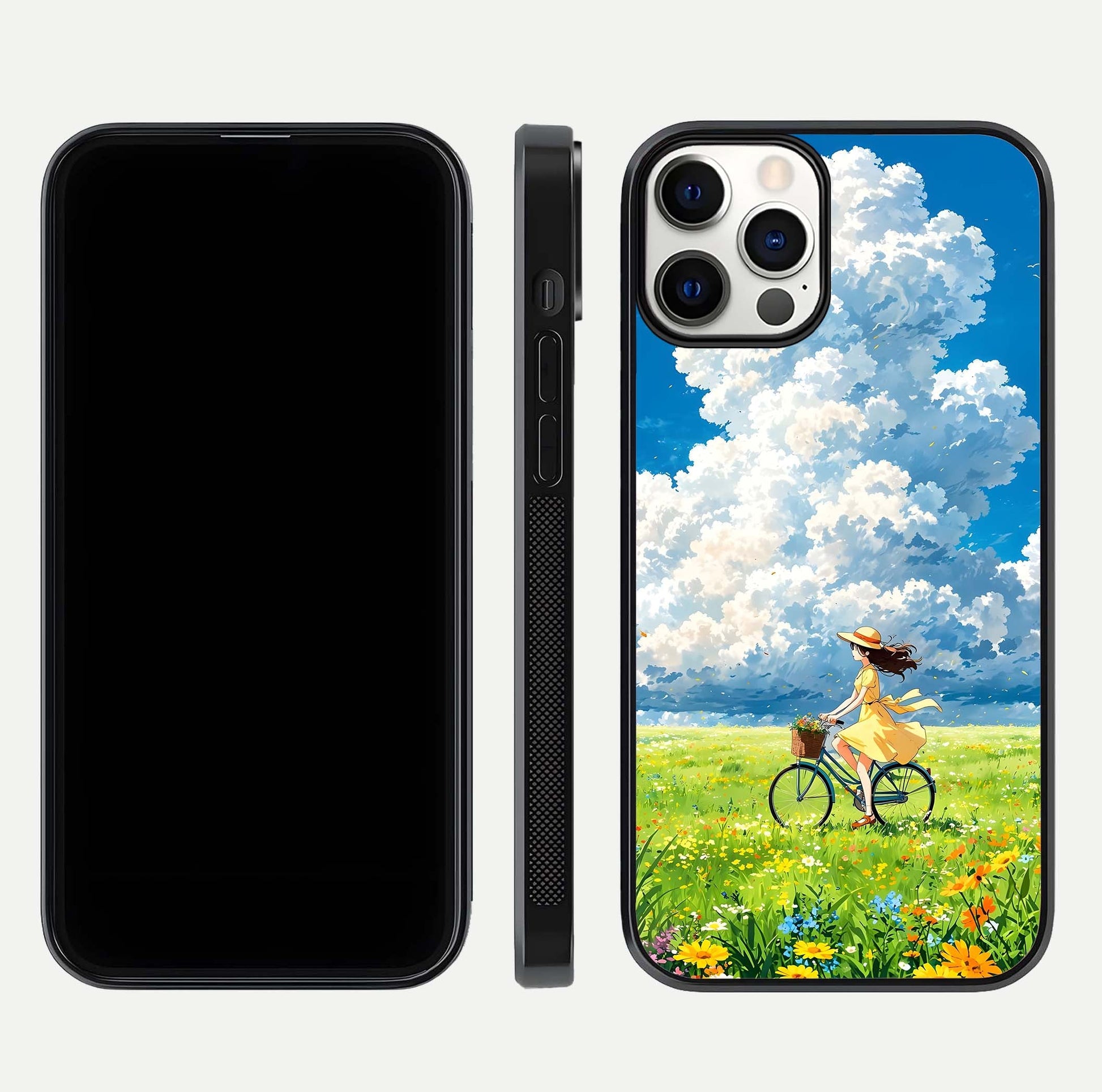 Breezy Meadow Ride Glass Case for iPhone 12 Pro dual-view layout showing soft landscape design and reflection gloss