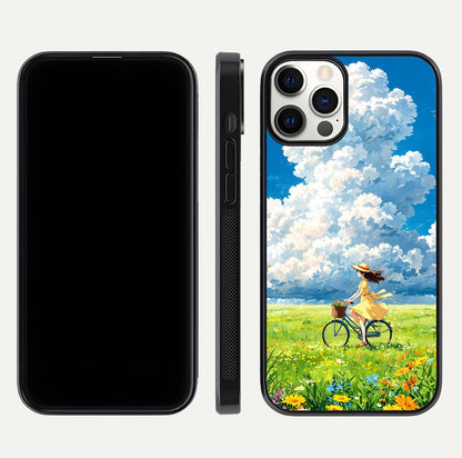 Breezy Meadow Ride Glass Case for iPhone 12 Pro dual-view layout showing soft landscape design and reflection gloss
