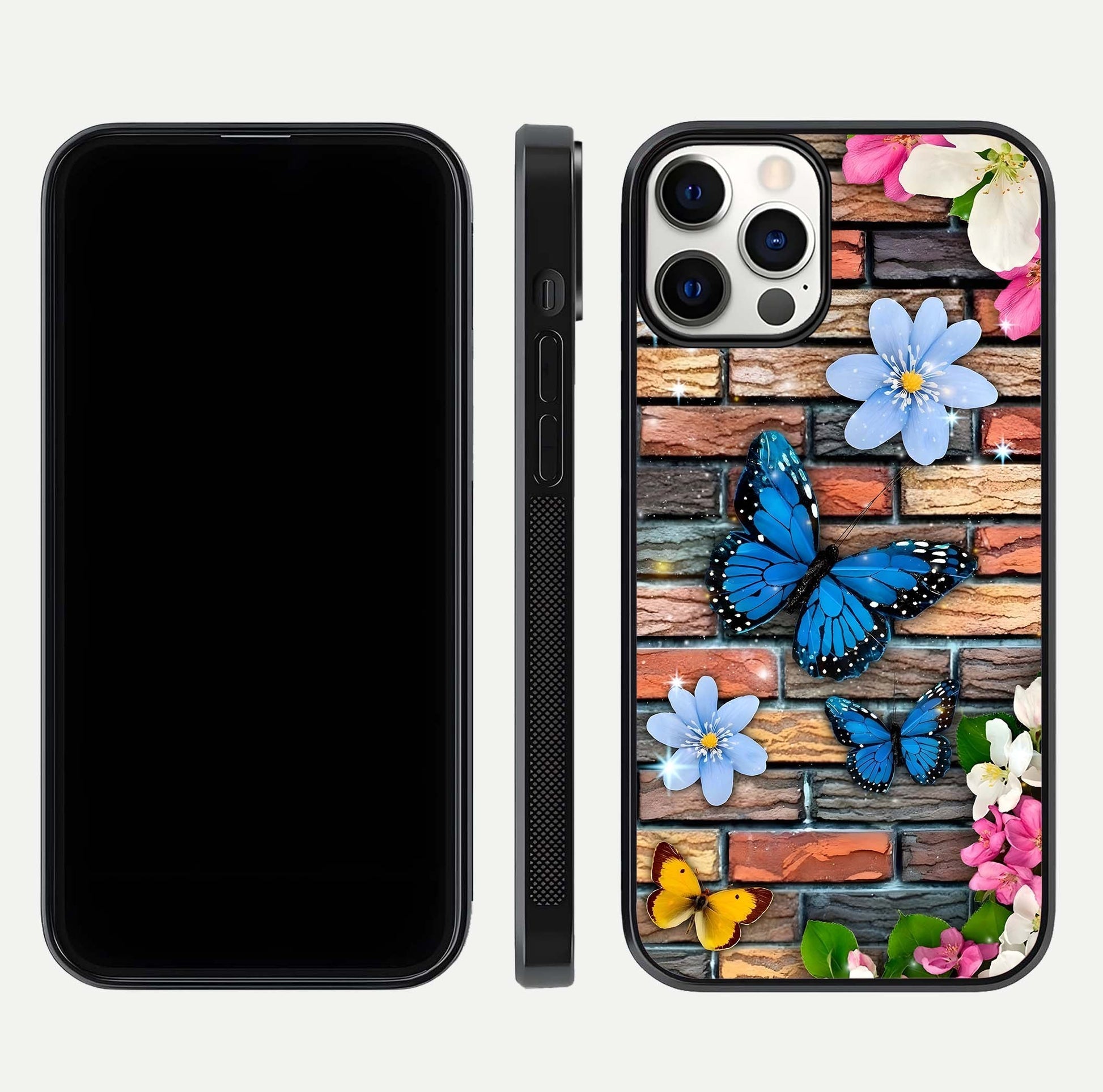 Brick Bloom Flight Glass Case for iPhone 12 Pro dual-view layout showing bloom placement and protective edge design