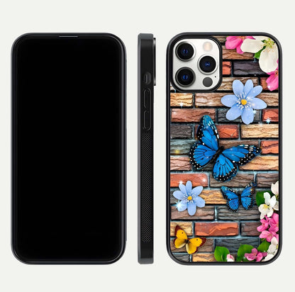 Brick Bloom Flight Glass Case for iPhone 12 Pro dual-view layout showing bloom placement and protective edge design