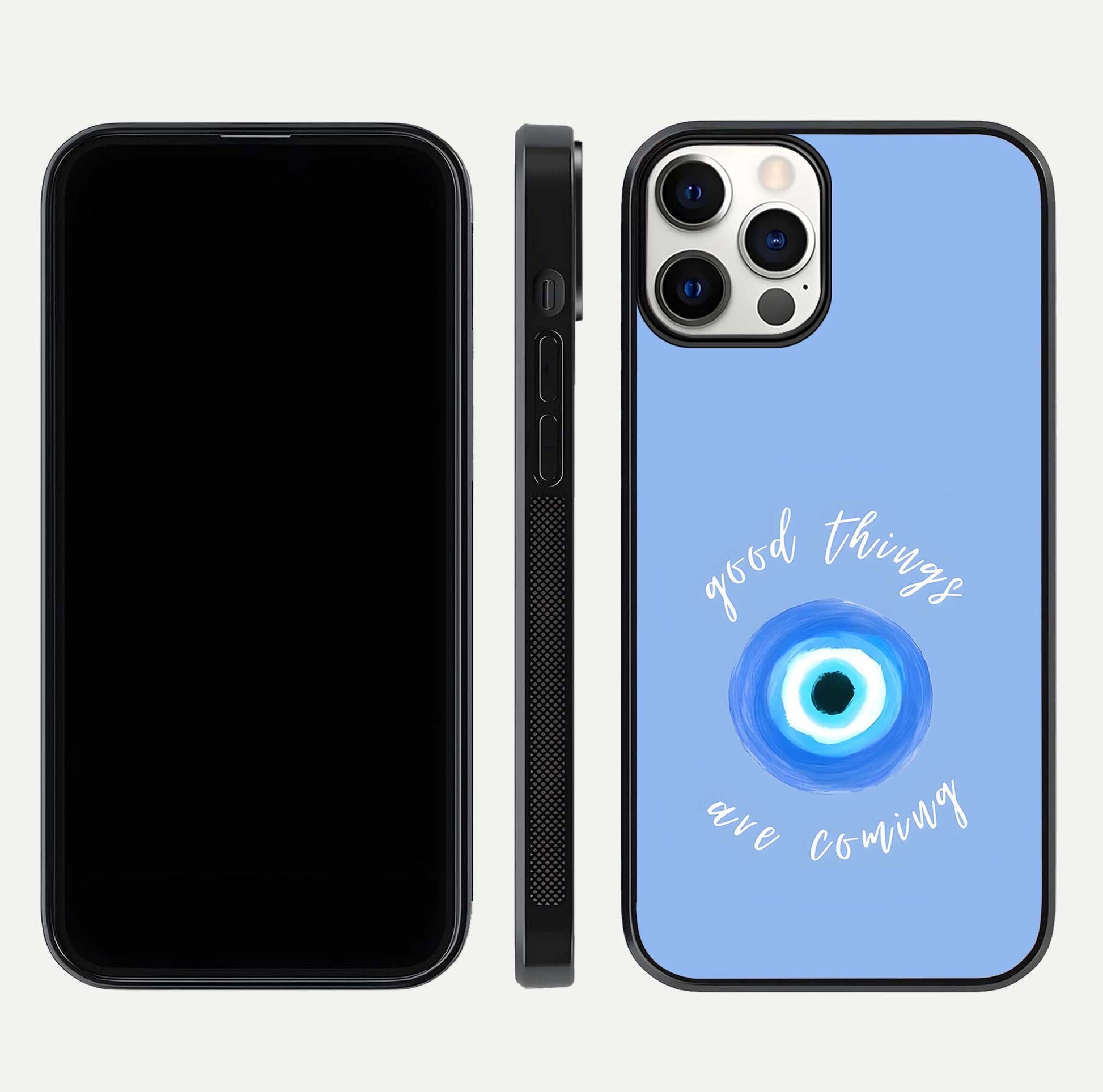 Bright Future Ahead Glass Case for iPhone 12 Pro front-and-back layout showing clean font style and gloss shine