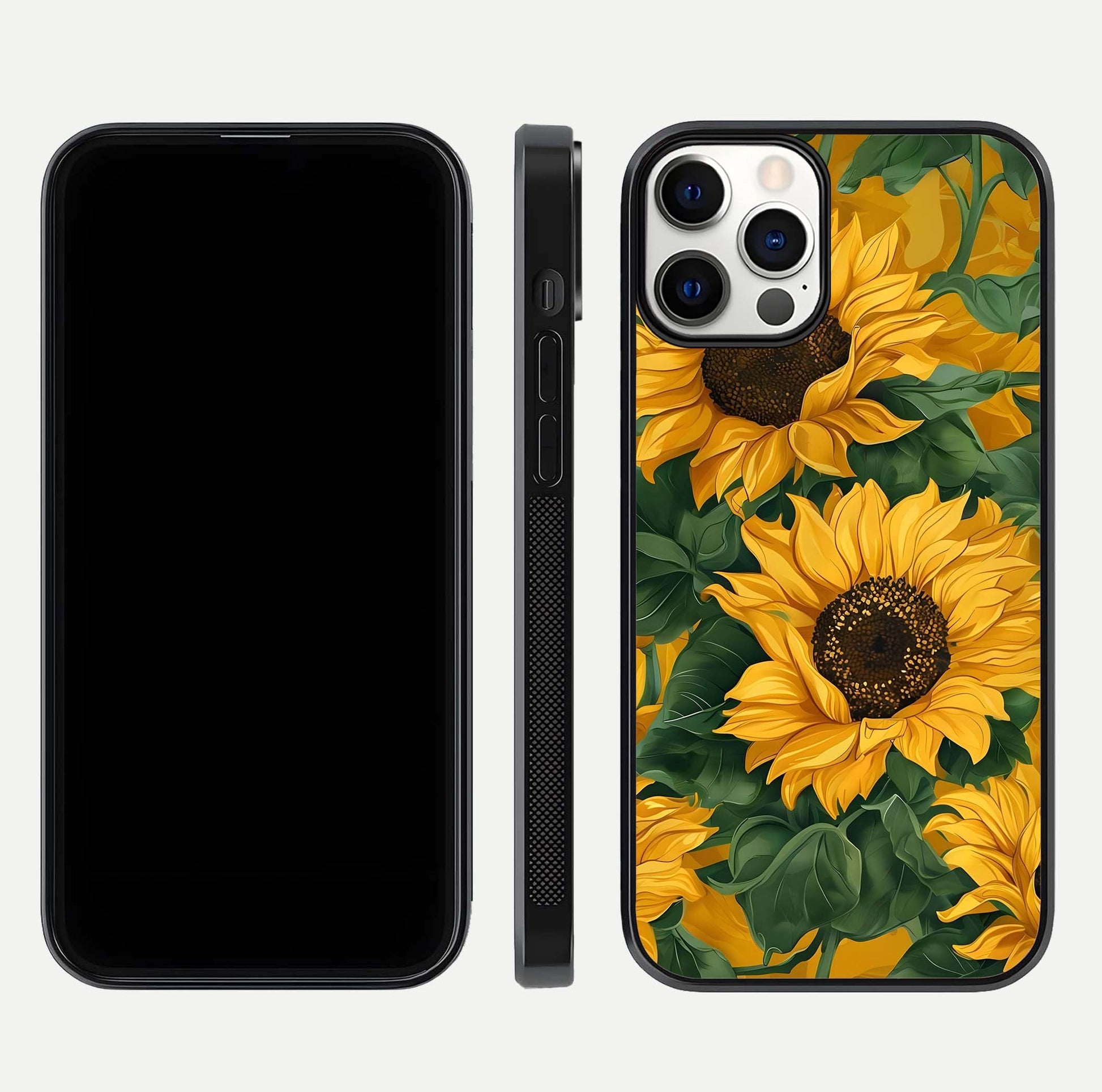Bright Sunflower Bloom Glass Case for iPhone 12 Pro dual-view layout displaying floral glow and curved glass edge