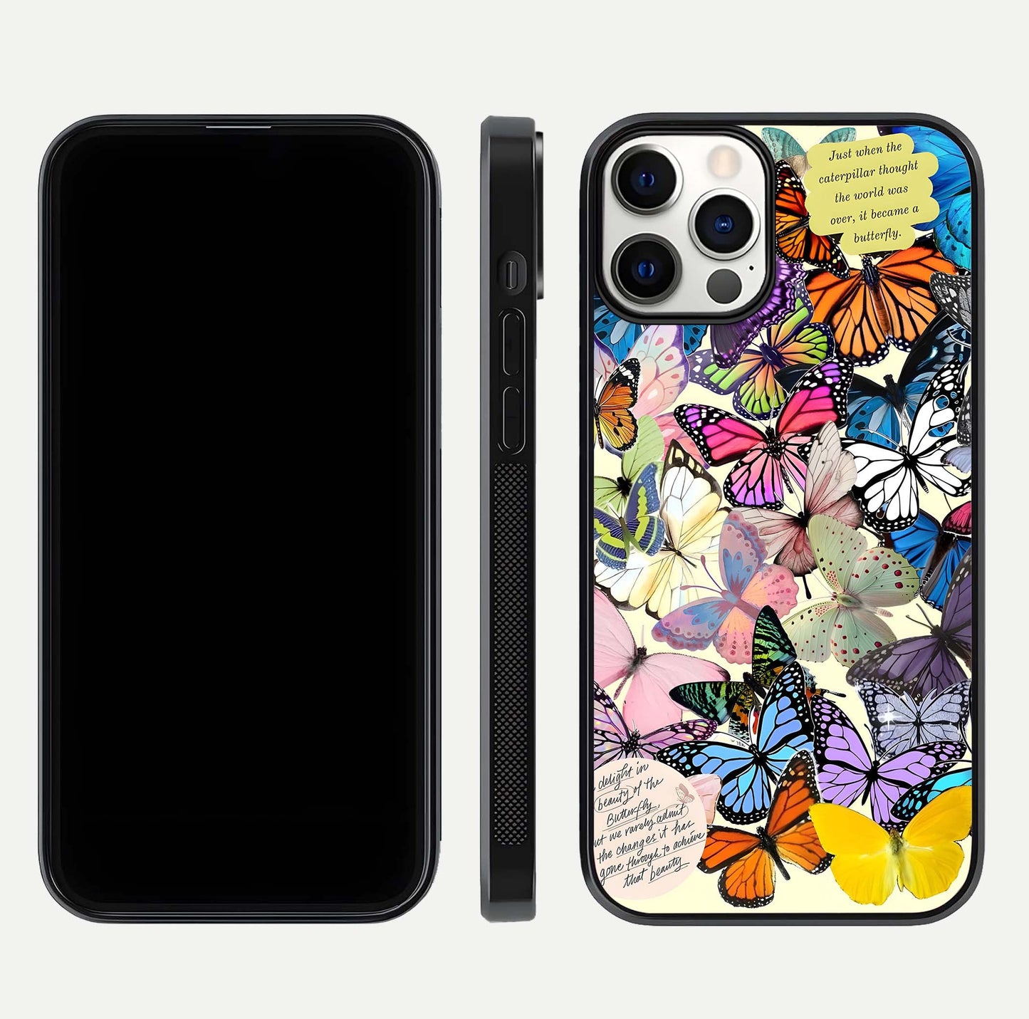 Butterflies Petal Dream Glass Case for iPhone 12 Pro front-and-back layout showcasing floral spread and reflection shine