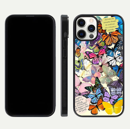 Butterflies Petal Dream Glass Case for iPhone 12 Pro front-and-back layout showcasing floral spread and reflection shine