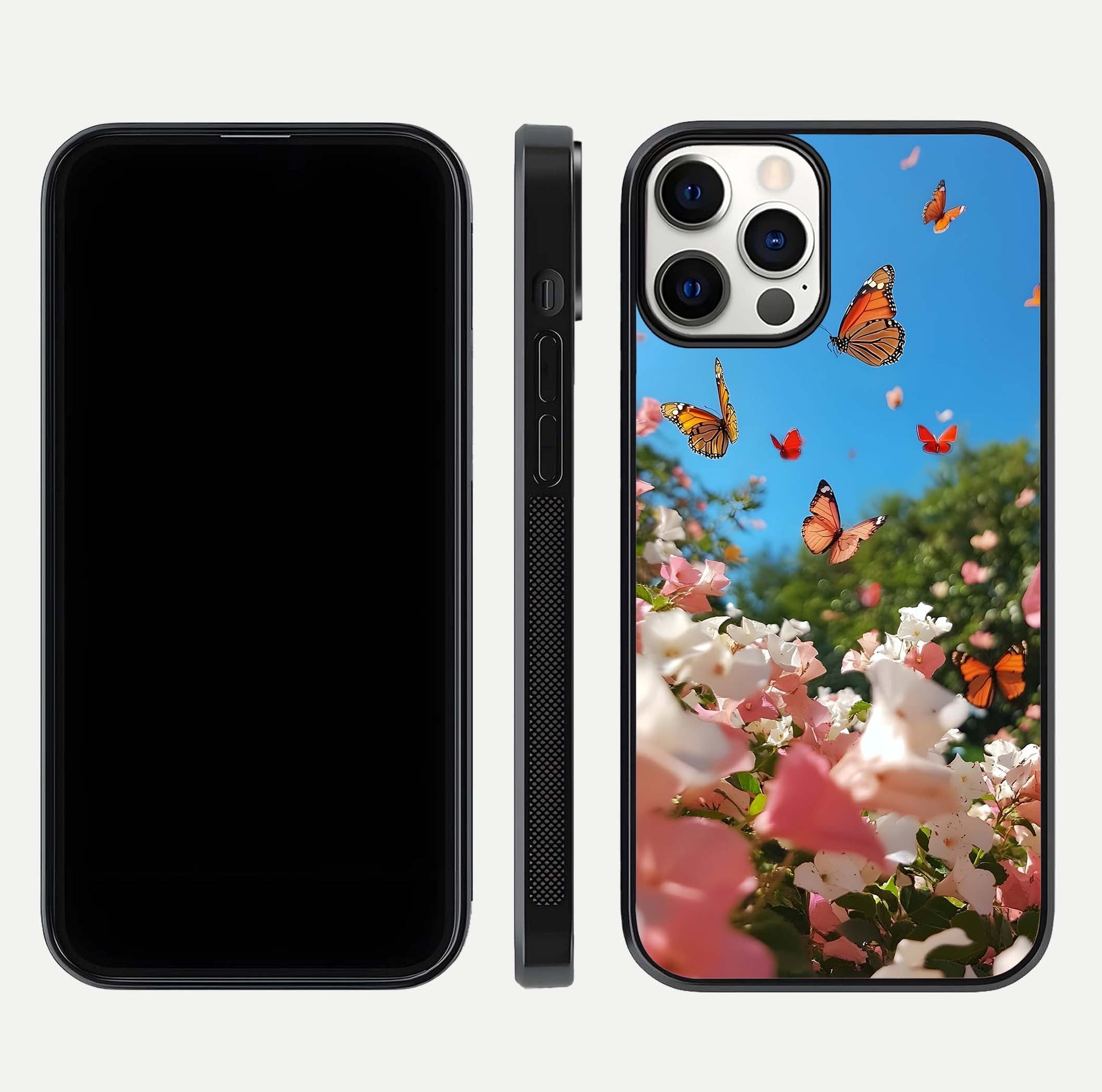 Butterflies in Bloom Sky Glass Case for iPhone 12 Pro dual-view layout displaying elegant composition and glass gloss