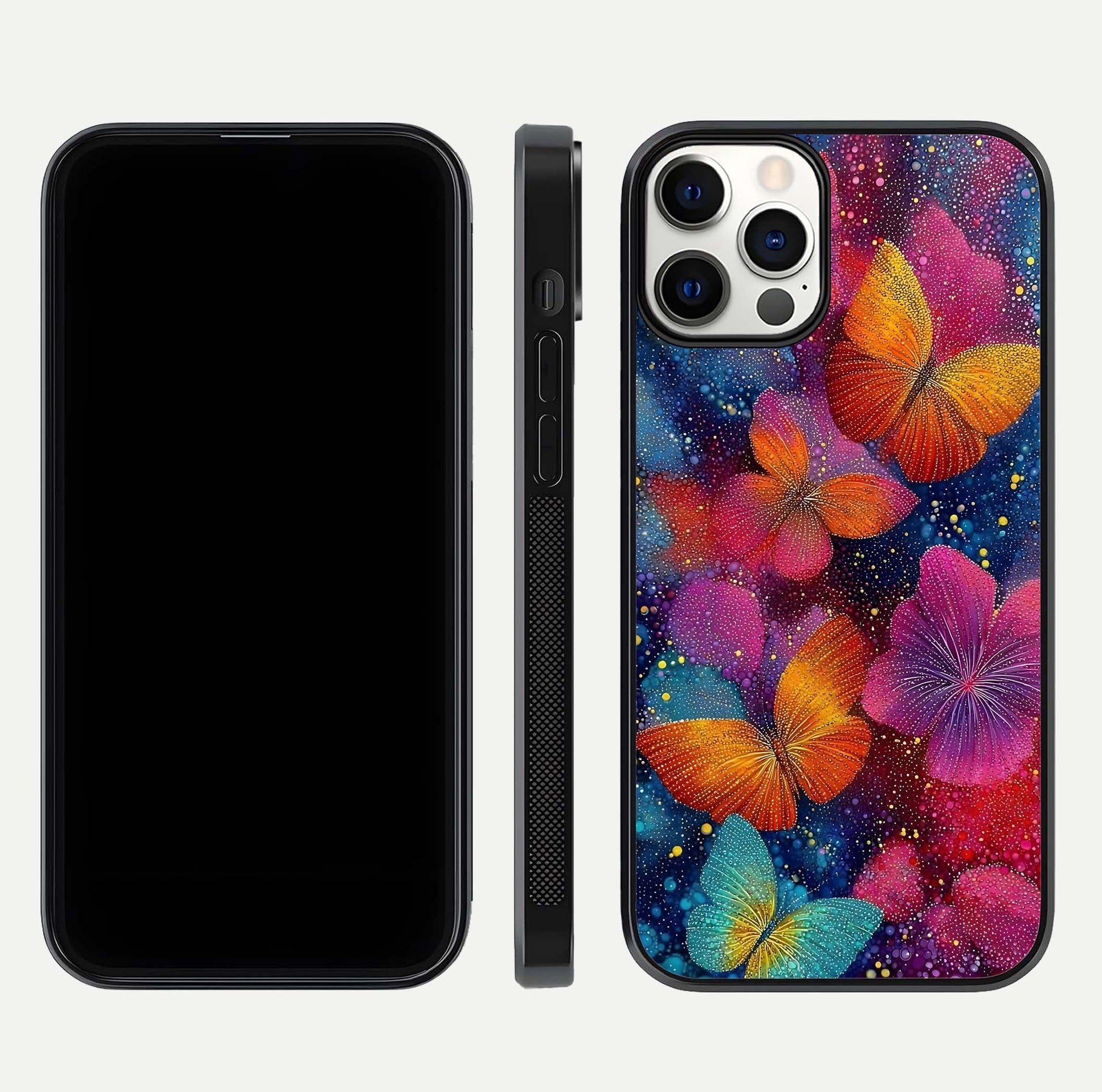 Butterfly Dream Mist Glass Case for iPhone 12 Pro dual-view layout showing mist background and edge polish
