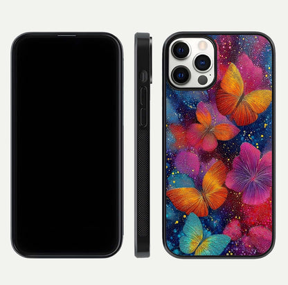Butterfly Dream Mist Glass Case for iPhone 12 Pro dual-view layout showing mist background and edge polish