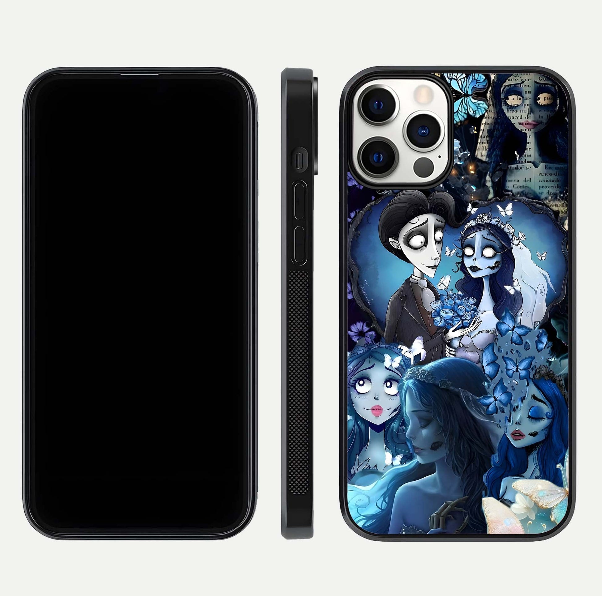Butterfly Ghost Soul Glass Case for iPhone 12 Pro front-and-back layout highlighting dark art balance and HD shine