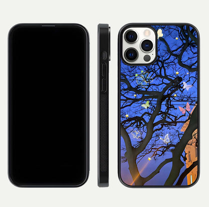 Butterfly Night Magic Glass Case for iPhone 12 Pro dual-view layout displaying balanced art and edge clarity
