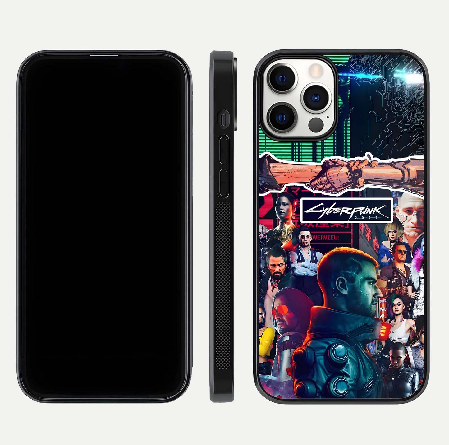 CYBERPUNK Legacy Glass Case for iPhone 12 Pro dual-view layout showing cyberpunk hues and glass precision