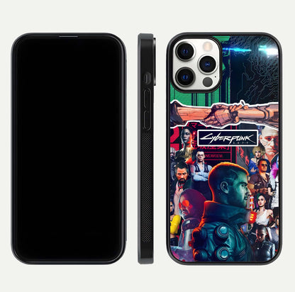 CYBERPUNK Legacy Glass Case for iPhone 12 Pro dual-view layout showing cyberpunk hues and glass precision