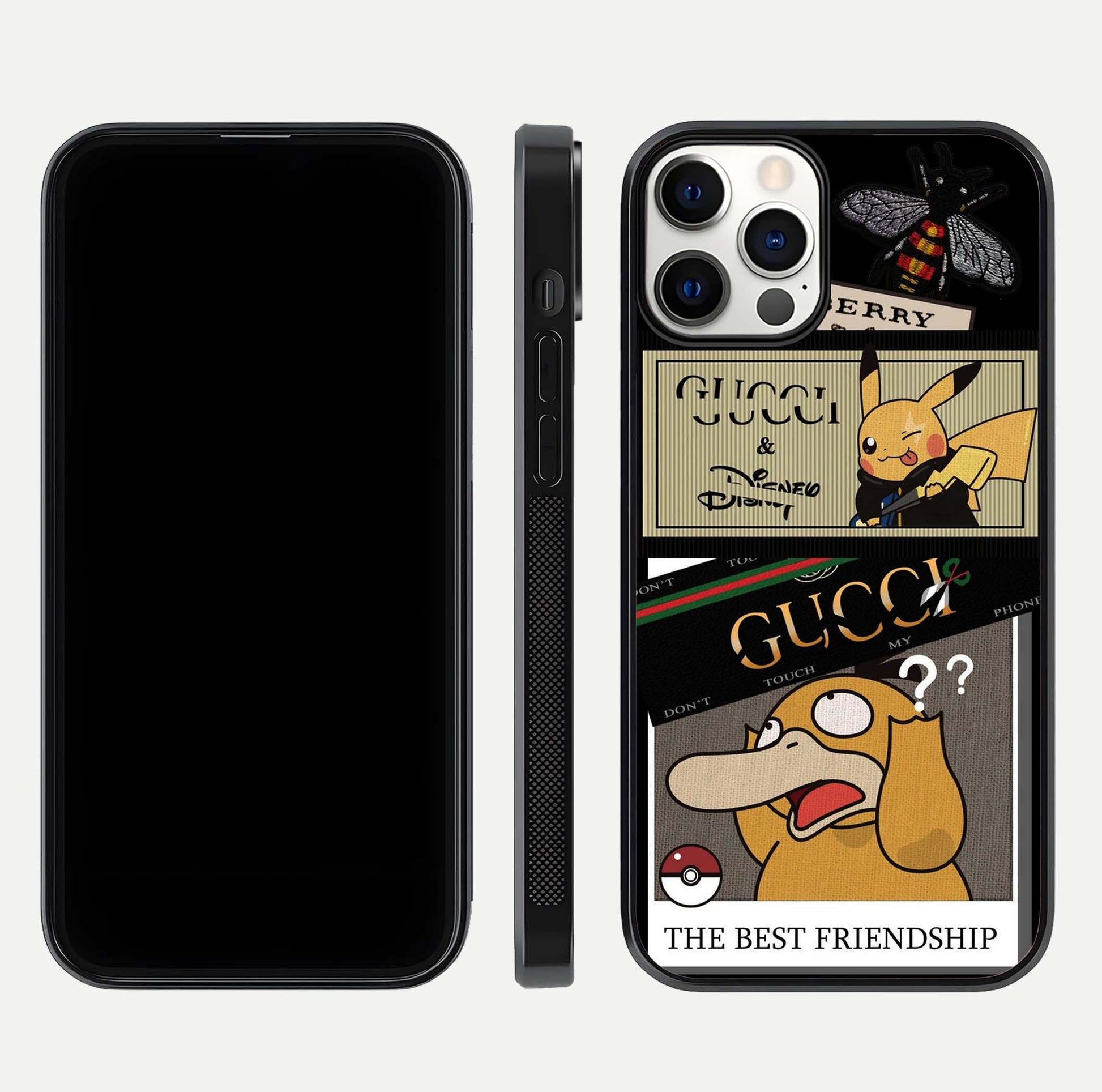 Cartoon Brand Play Mashup Glass Case for iPhone 12 Pro front and back view layout highlighting multi-logo artwork and curved edges