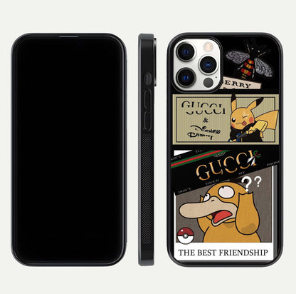 Cartoon Brand Play Mashup Glass Case for iPhone 12 Pro front and back view layout highlighting multi-logo artwork and curved edges