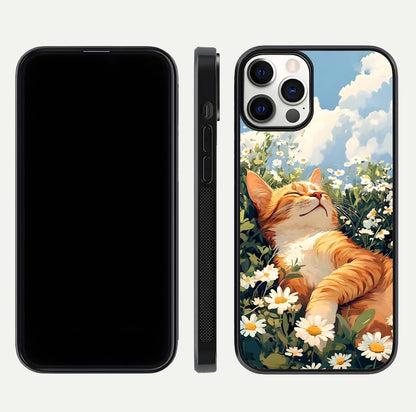 Cat & Flowers View Glass Case for iPhone 12 Pro front-and-back layout showing floral balance and gloss surface
