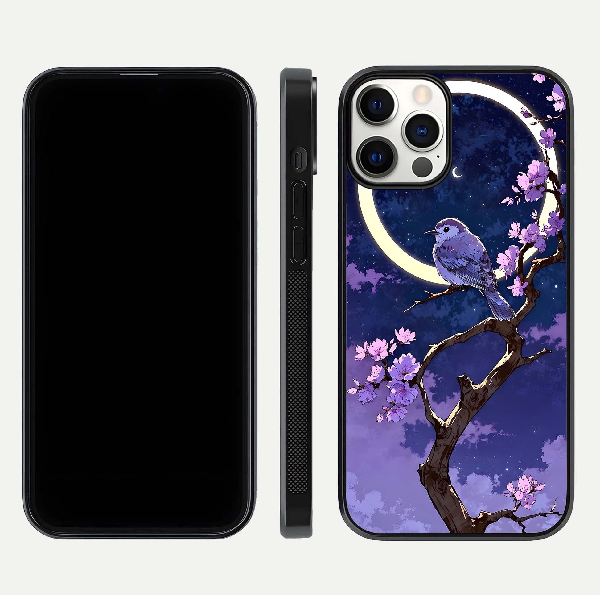 Celestial Bird Blossom Glass Case for iPhone 12 Pro dual-view layout showing art composition and edge clarity