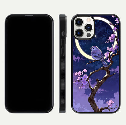 Celestial Bird Blossom Glass Case for iPhone 12 Pro dual-view layout showing art composition and edge clarity