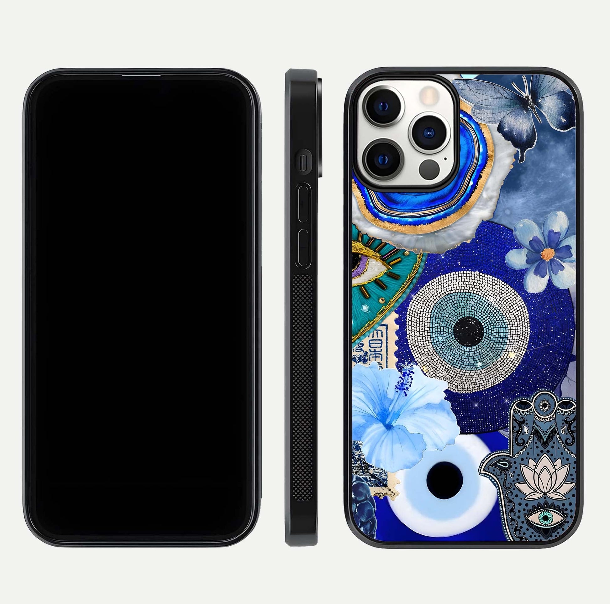 Celestial Blue Vision Glass Case for iPhone 12 Pro dual-view layout showing celestial gradient and curved edges