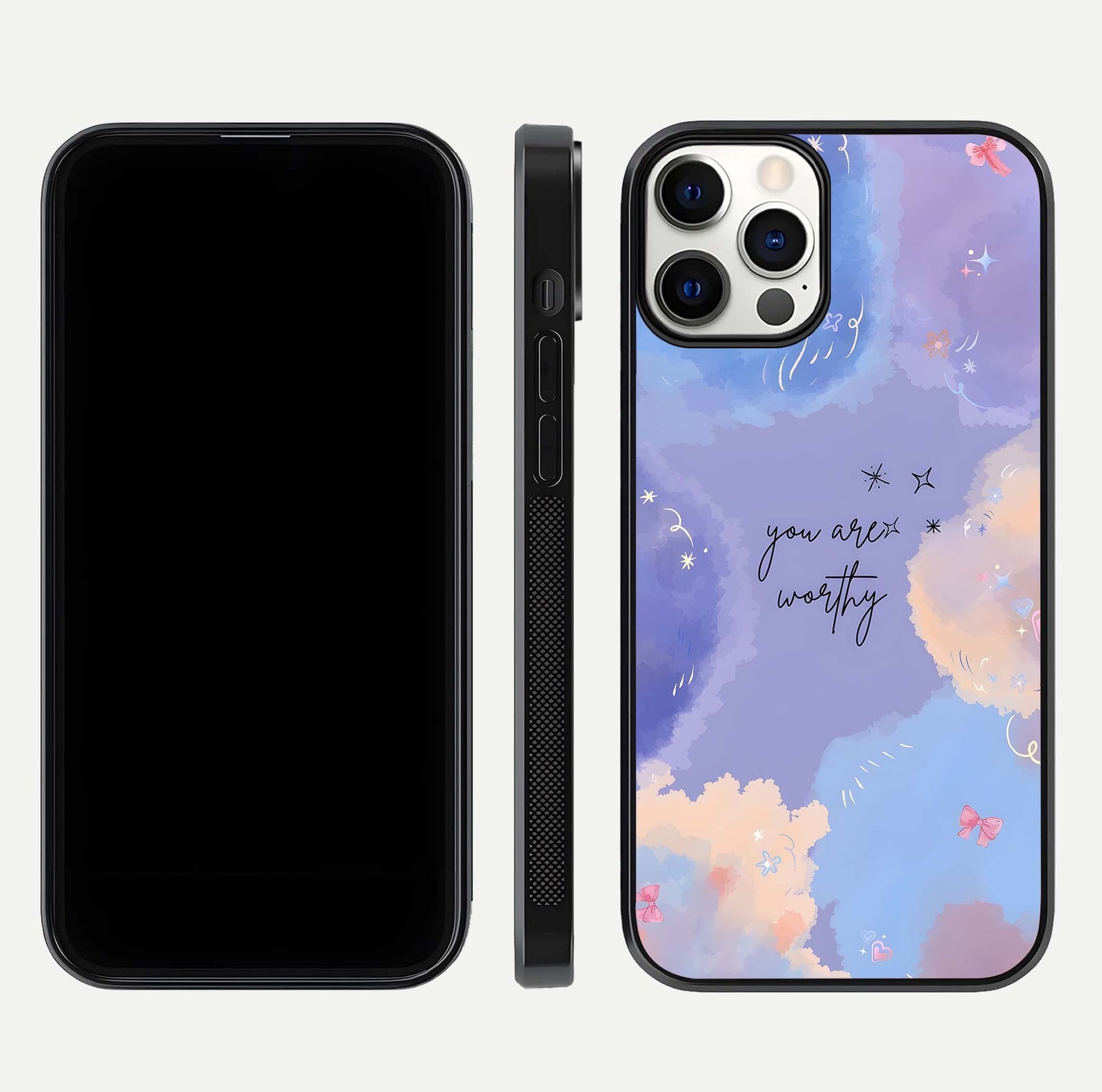 Celestial Cloud Magic Glass Case for iPhone 12 Pro dual-view layout showcasing soft color transition and gloss shine