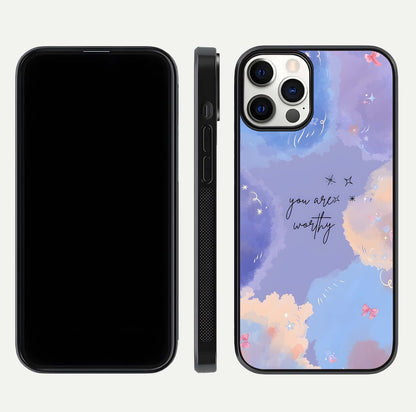 Celestial Cloud Magic Glass Case for iPhone 12 Pro dual-view layout showcasing soft color transition and gloss shine