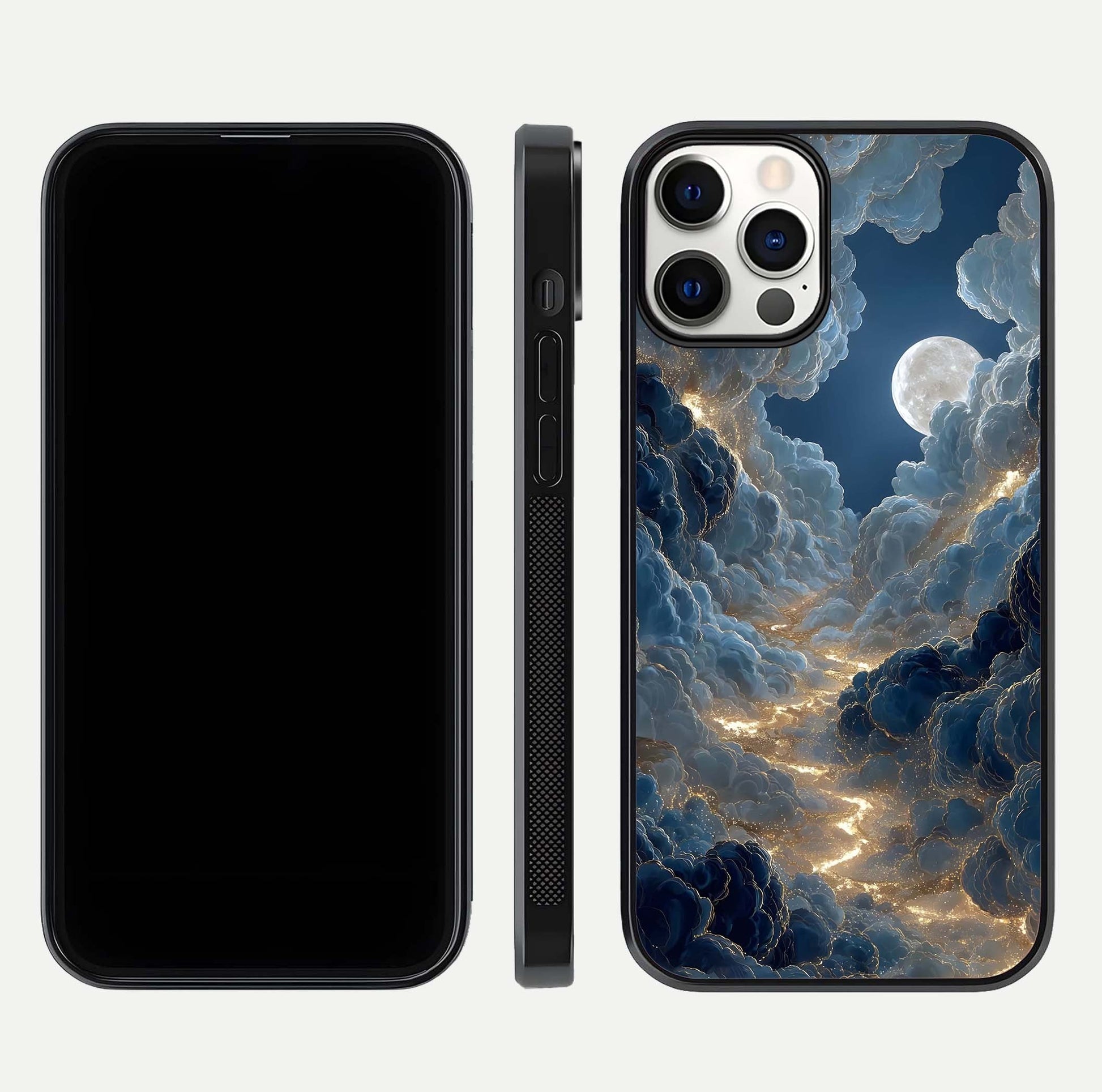 Celestial Cloud Road Glass Case for iPhone 12 Pro front-and-back layout displaying balance between light and depth