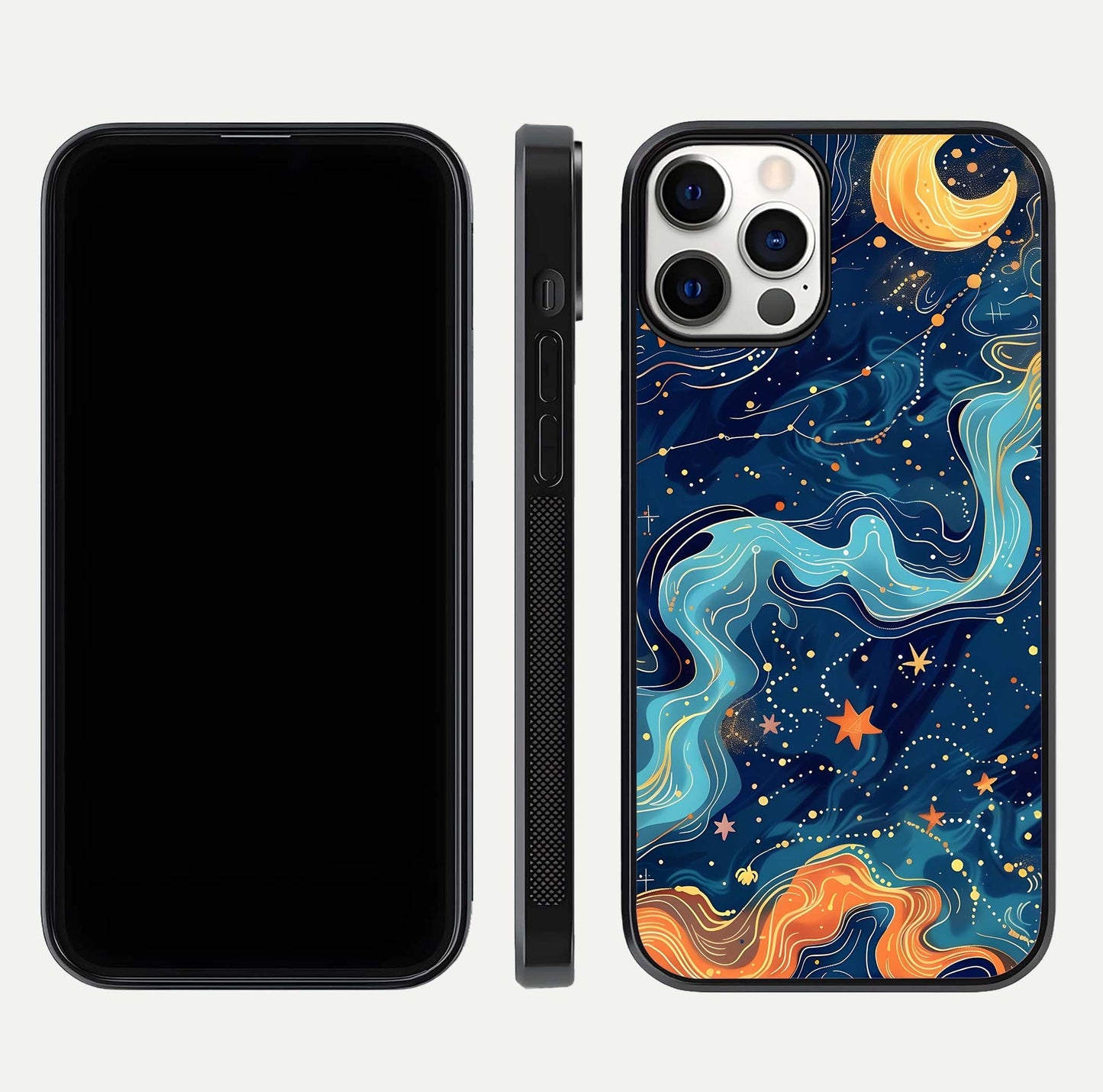Celestial Dream Flow Glass Case for iPhone 12 Pro dual-view layout showing abstract flow and curved glass