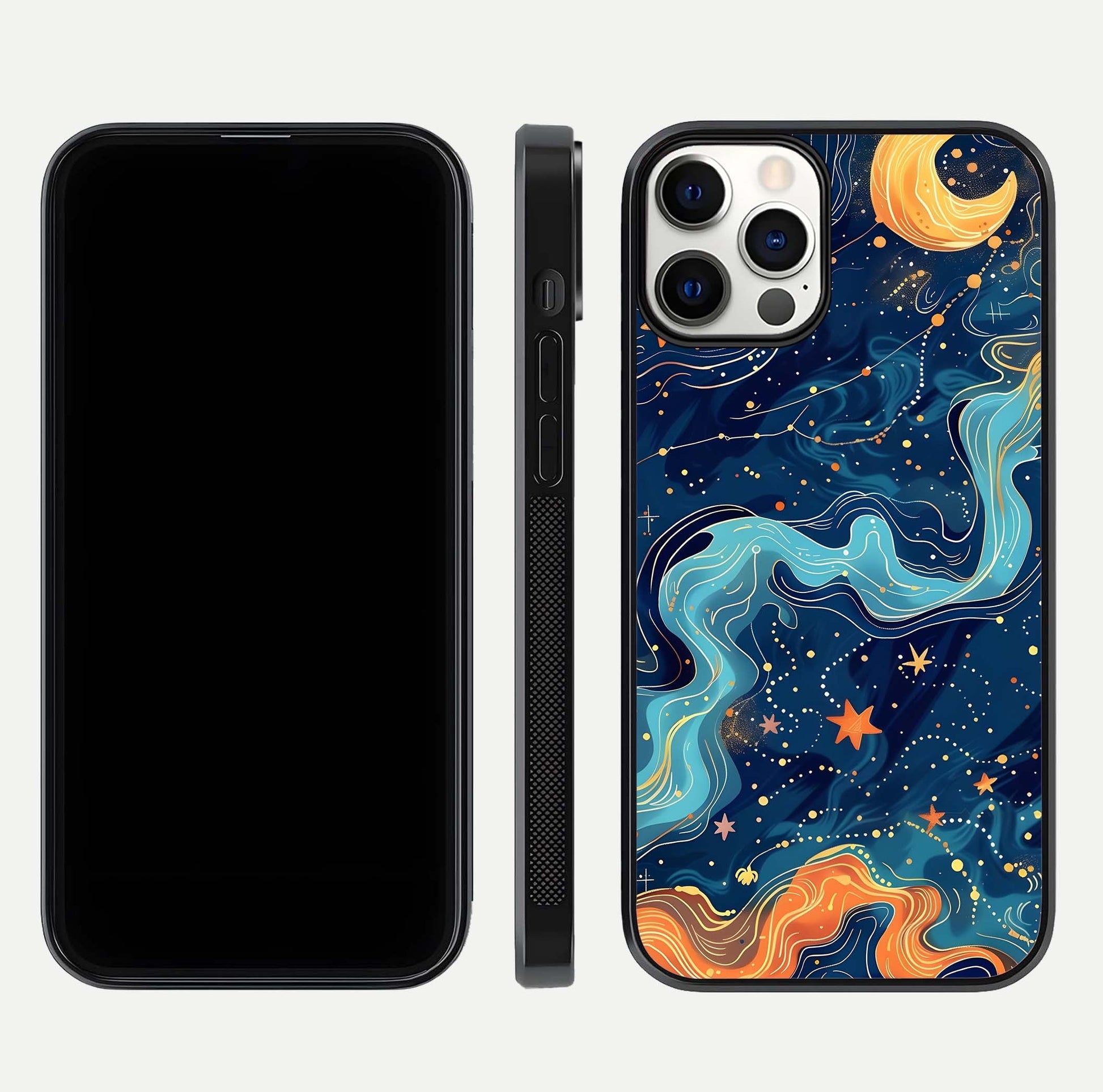 Celestial Dream Flow Glass Case for iPhone 12 Pro dual-view layout showing abstract flow and curved glass