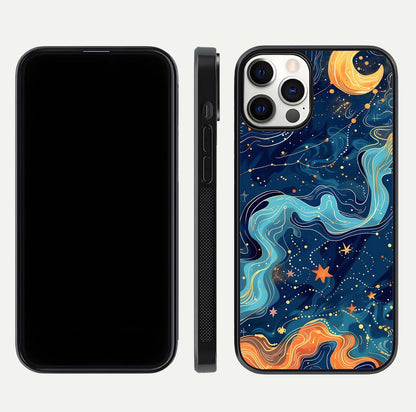 Celestial Dream Flow Glass Case for iPhone 12 Pro dual-view layout showing abstract flow and curved glass