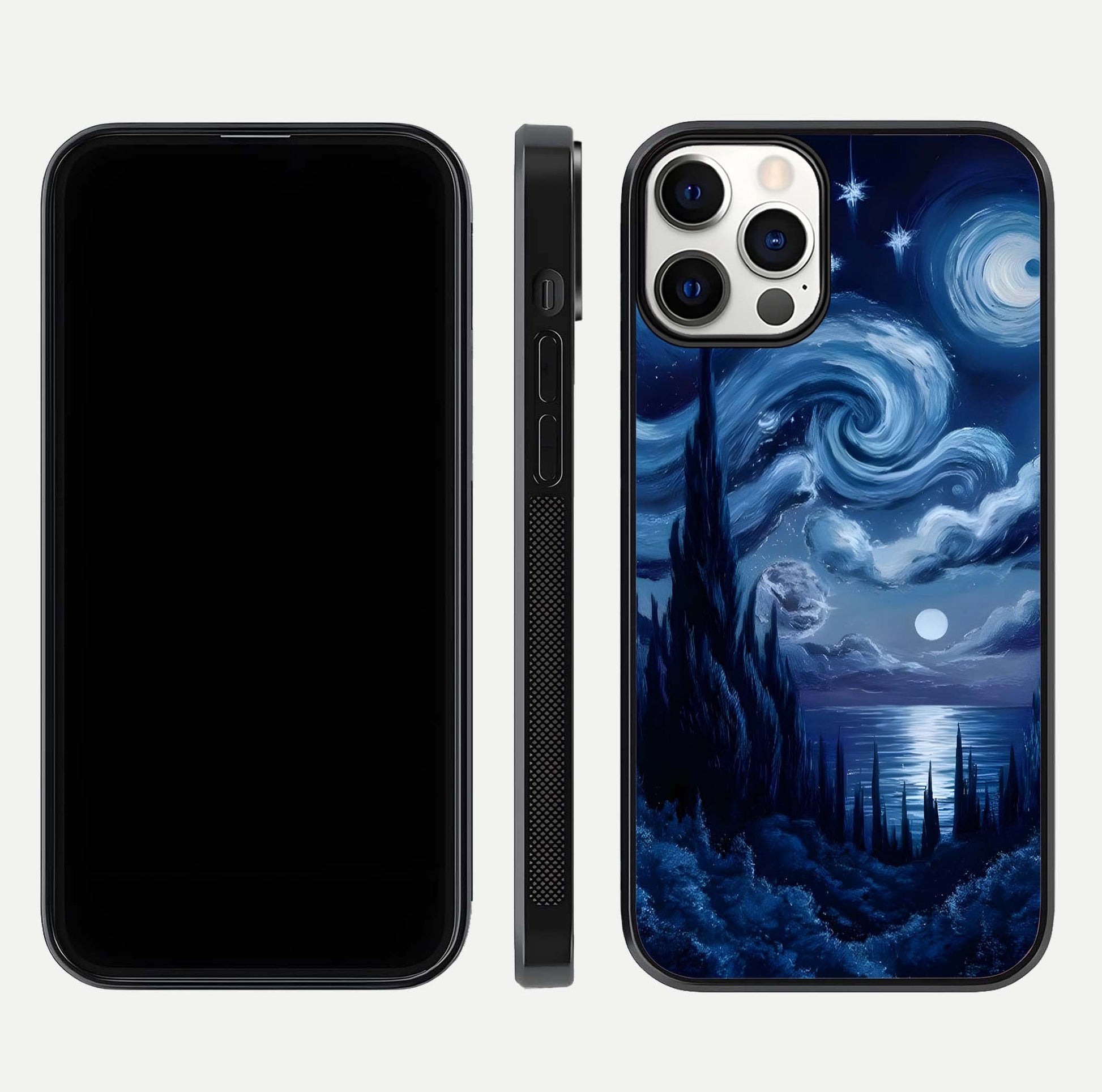 Celestial Dream Van Gogh Glass Case for iPhone 12 Pro dual-view layout displaying art texture and glass polish