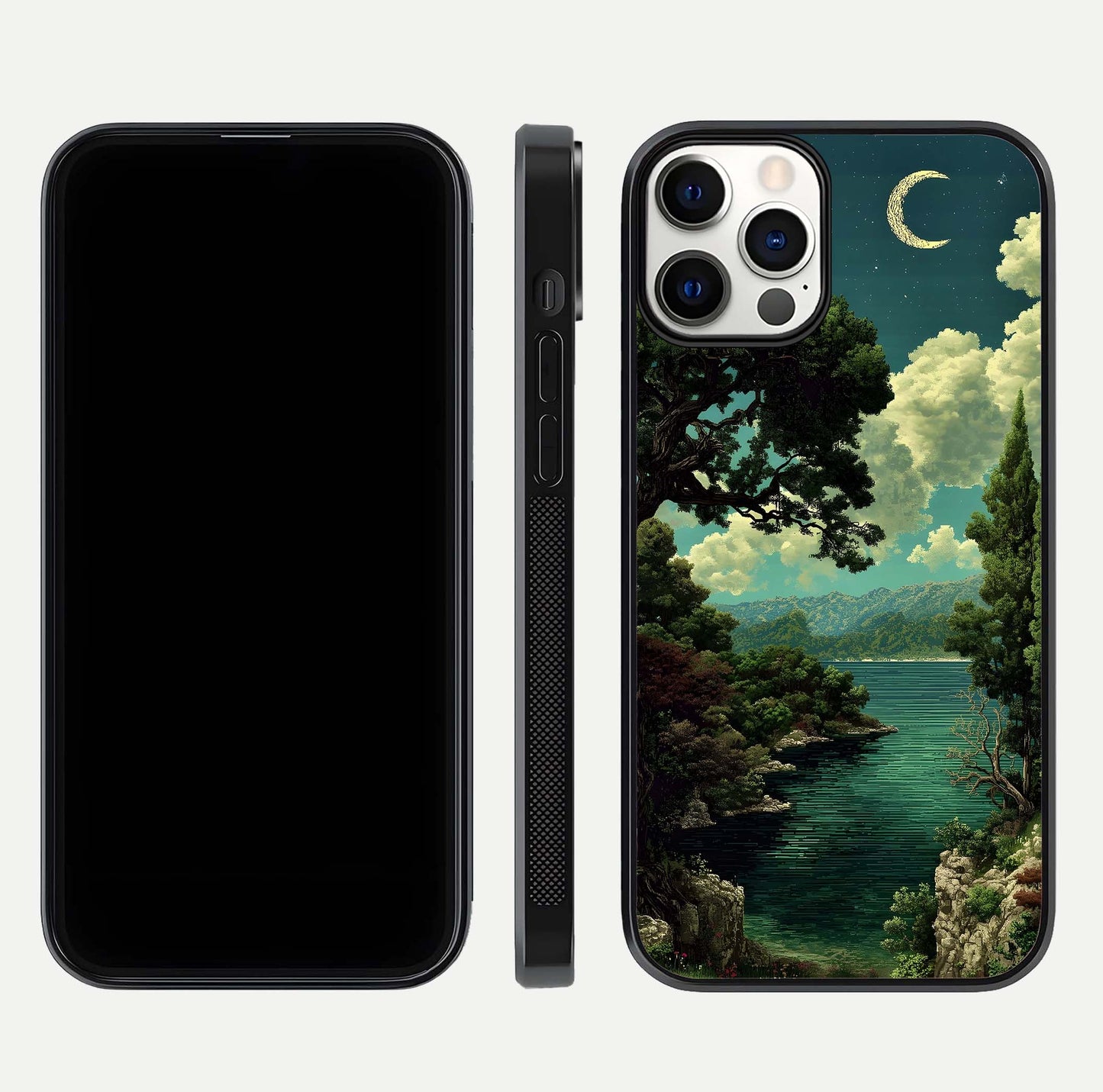 Celestial Lake Peace Glass Case for iPhone 12 Pro dual-view layout showing soft hues and HD shine