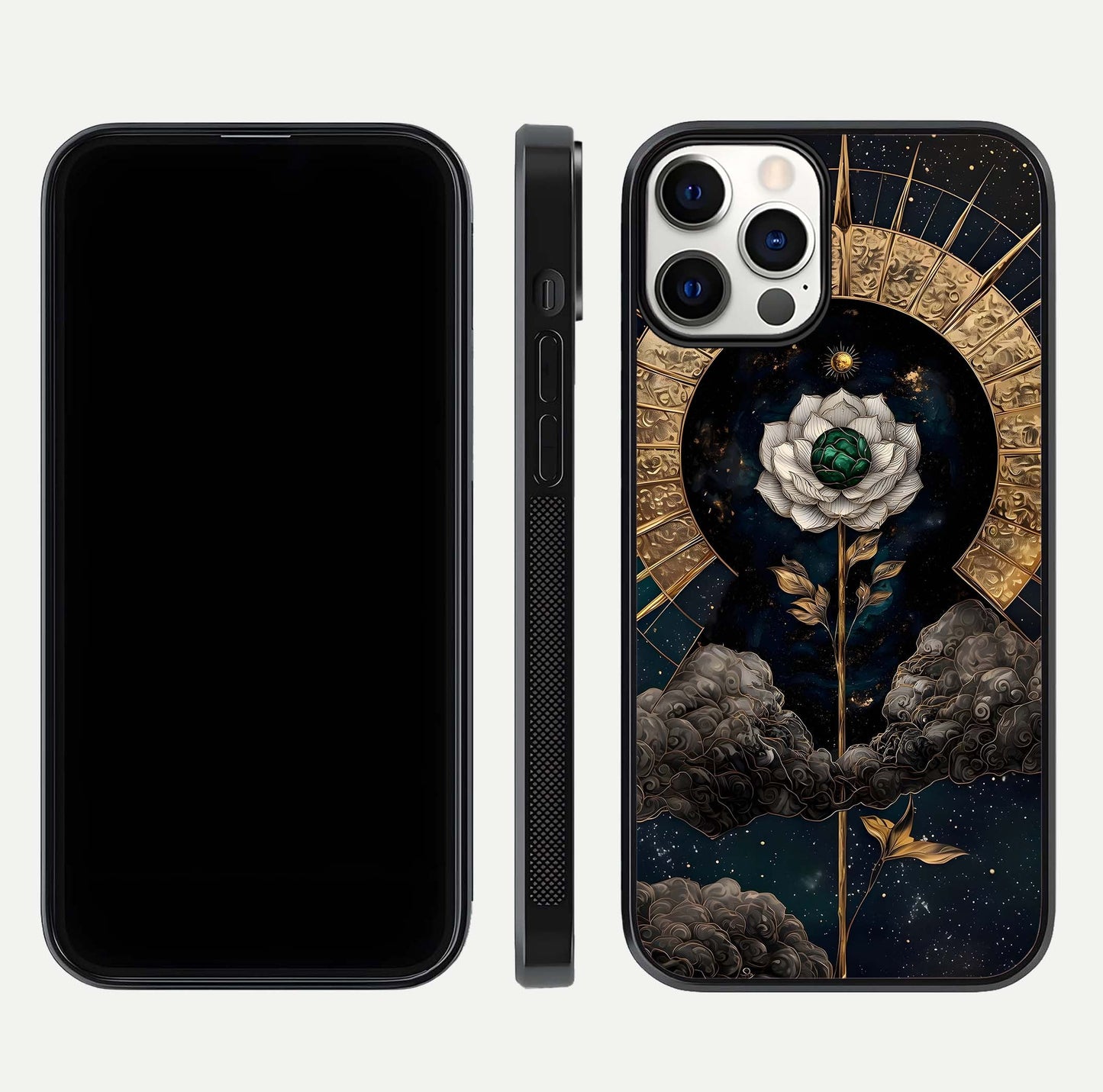 Celestial Lotus Morang Glass Case for iPhone 12 Pro dual-view layout displaying floral symmetry and polished edges