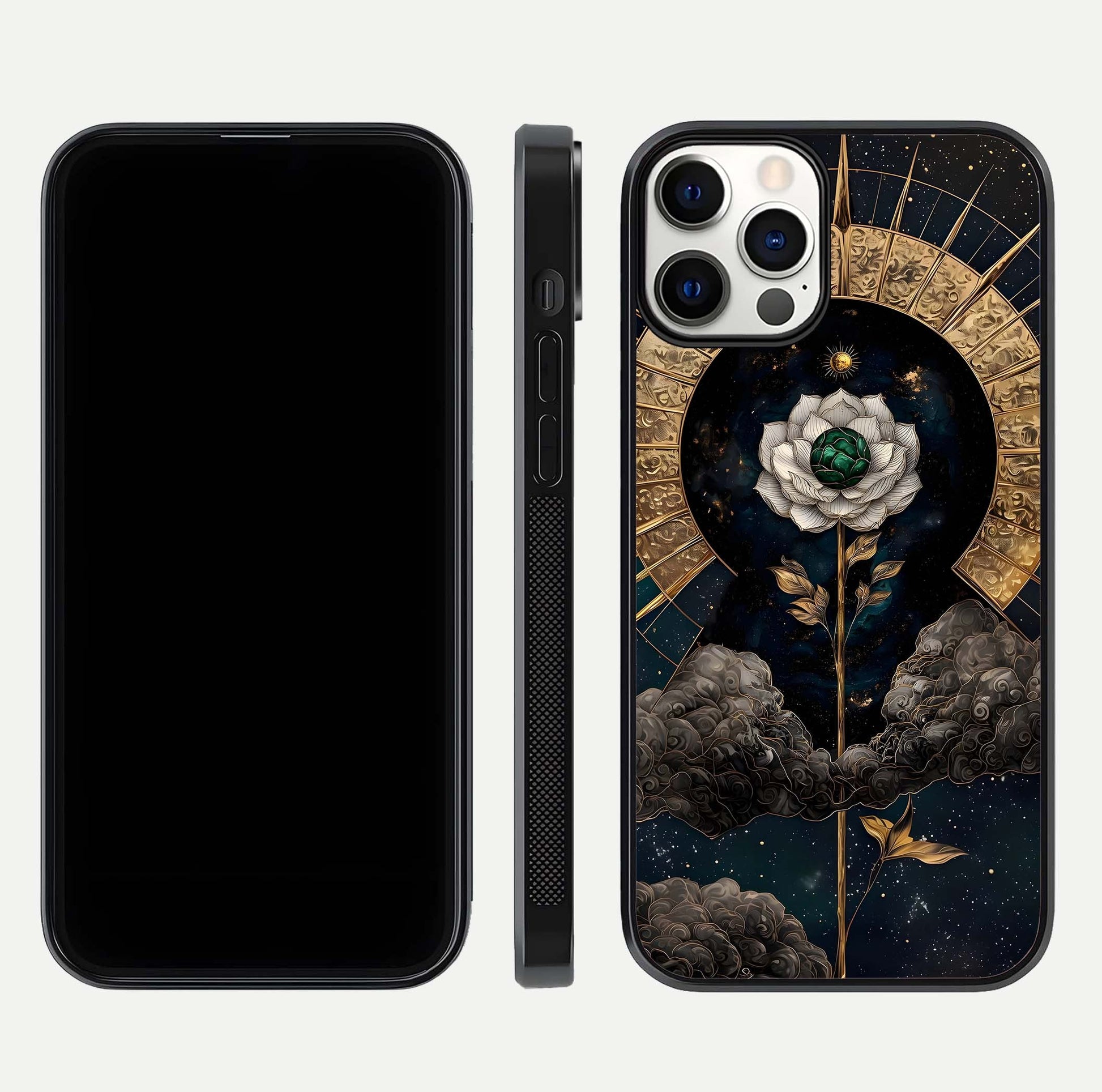 Celestial Lotus Morang Glass Case for iPhone 12 Pro dual-view layout displaying floral symmetry and polished edges
