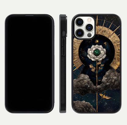 Celestial Lotus Morang Glass Case for iPhone 12 Pro dual-view layout displaying floral symmetry and polished edges