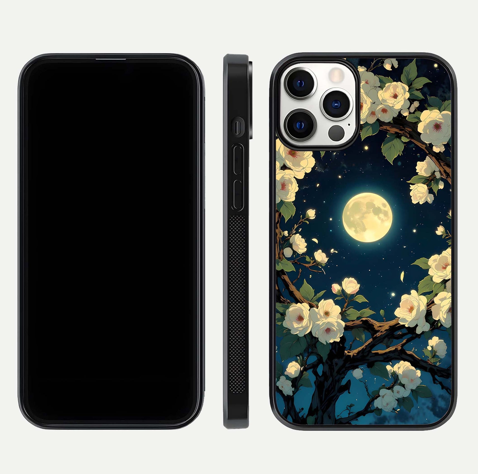Celestial Moon & Flower Glass Case for iPhone 12 Pro dual-view layout showing balanced lunar art and gloss tone