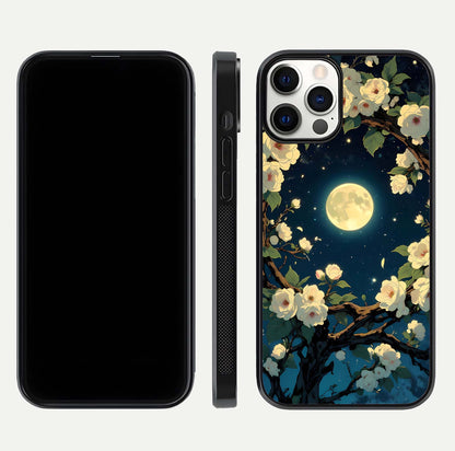Celestial Moon & Flower Glass Case for iPhone 12 Pro dual-view layout showing balanced lunar art and gloss tone