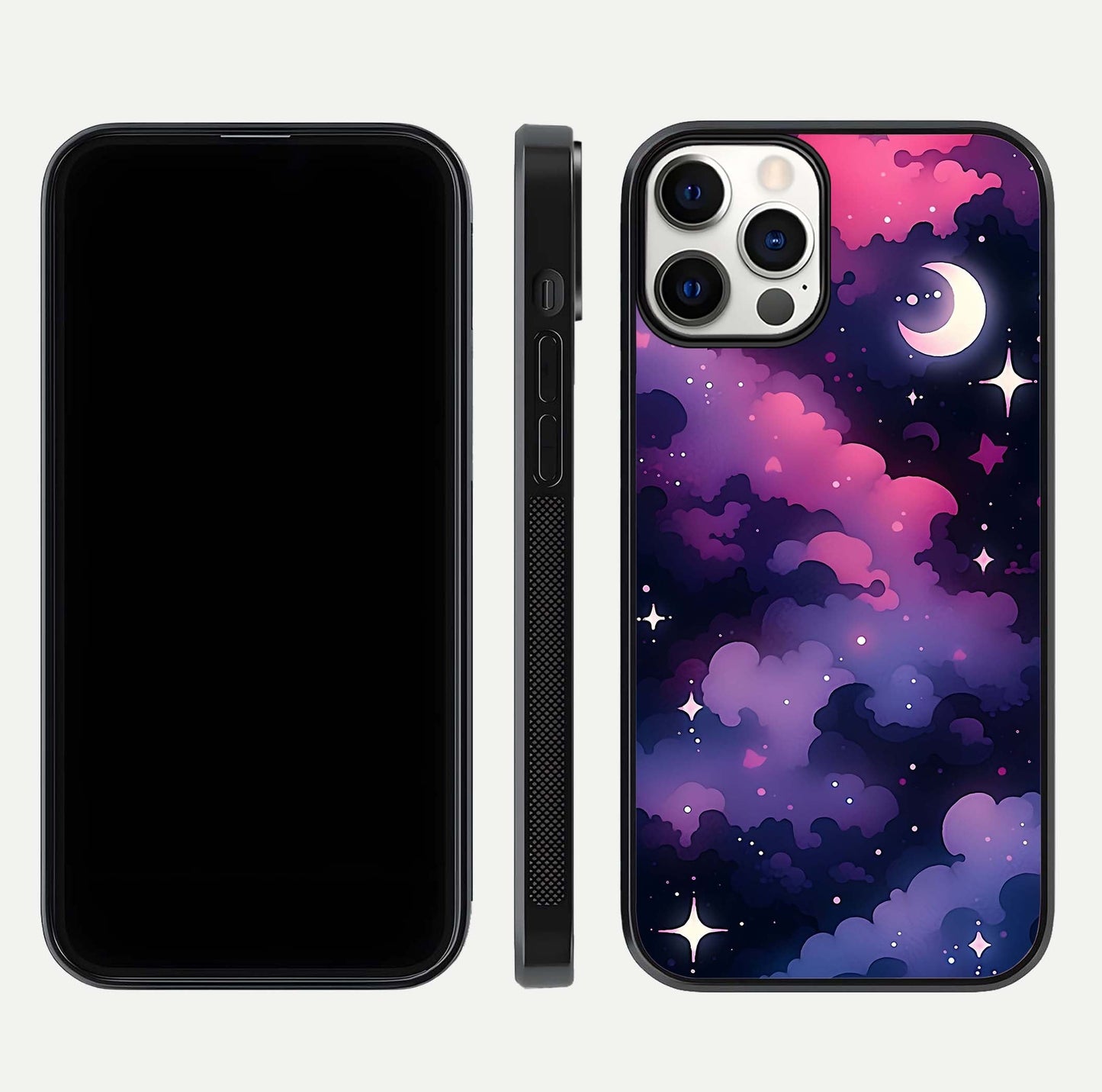Celestial Moon Magic Glass Case for iPhone 12 Pro dual-view layout displaying lunar design and sleek edges