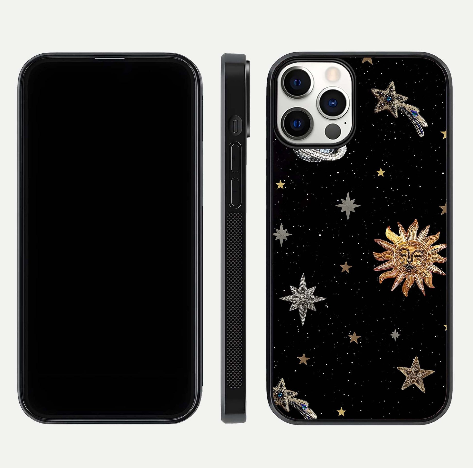 Celestial Moon With Stars Glass Case for iPhone 12 Pro front-and-back layout displaying lunar art and premium finish