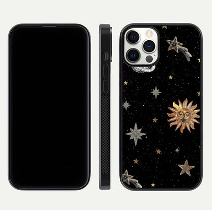 Celestial Moon With Stars Glass Case for iPhone 12 Pro front-and-back layout displaying lunar art and premium finish