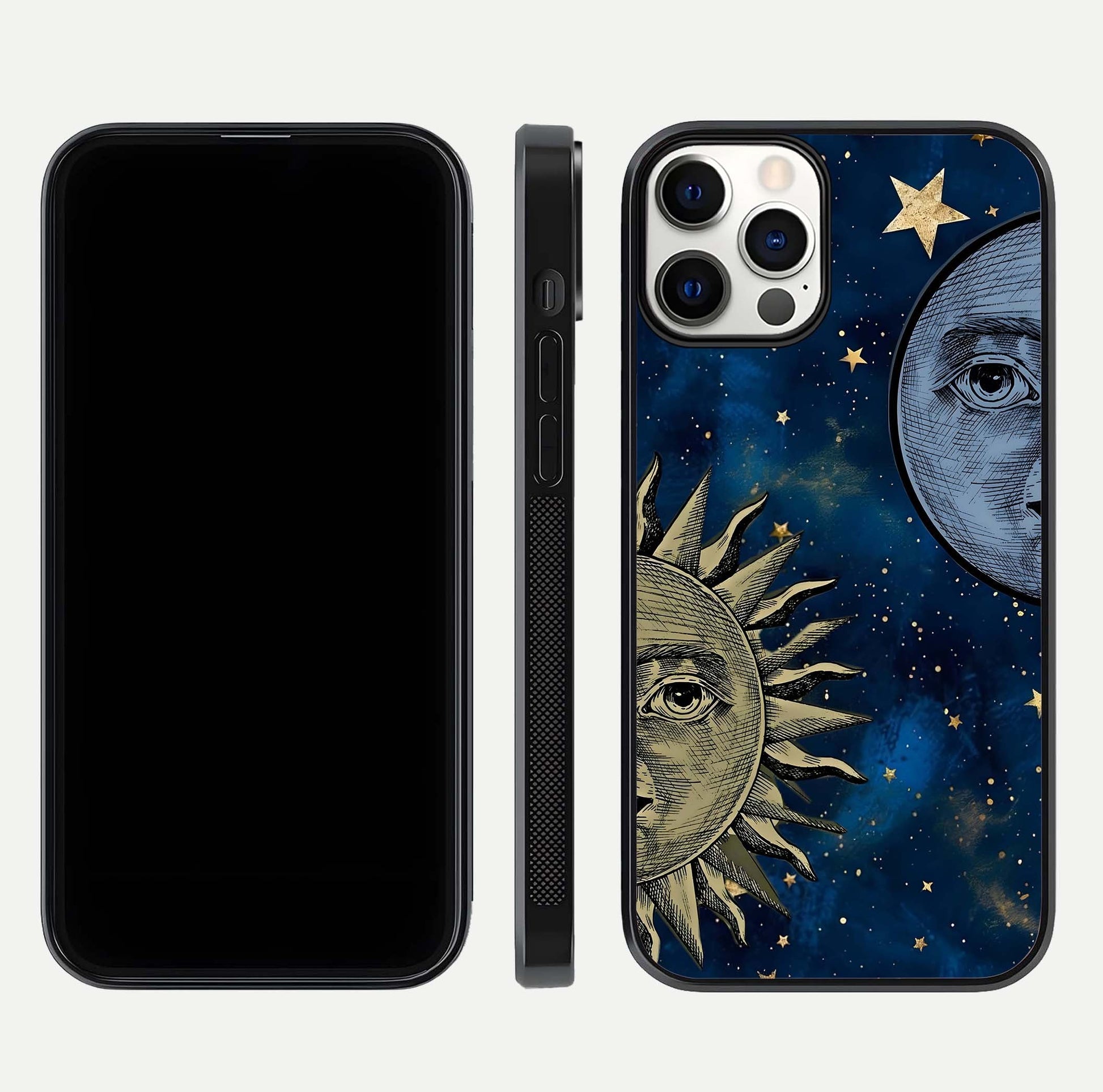 Celestial Moon With Sun Glass Case for iPhone 12 Pro dual-view layout showing luminous pattern and curved edges