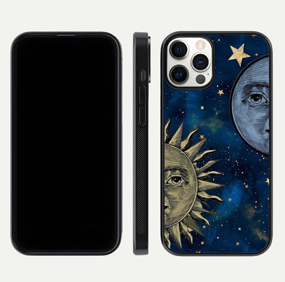 Celestial Moon With Sun Glass Case for iPhone 12 Pro dual-view layout showing luminous pattern and curved edges
