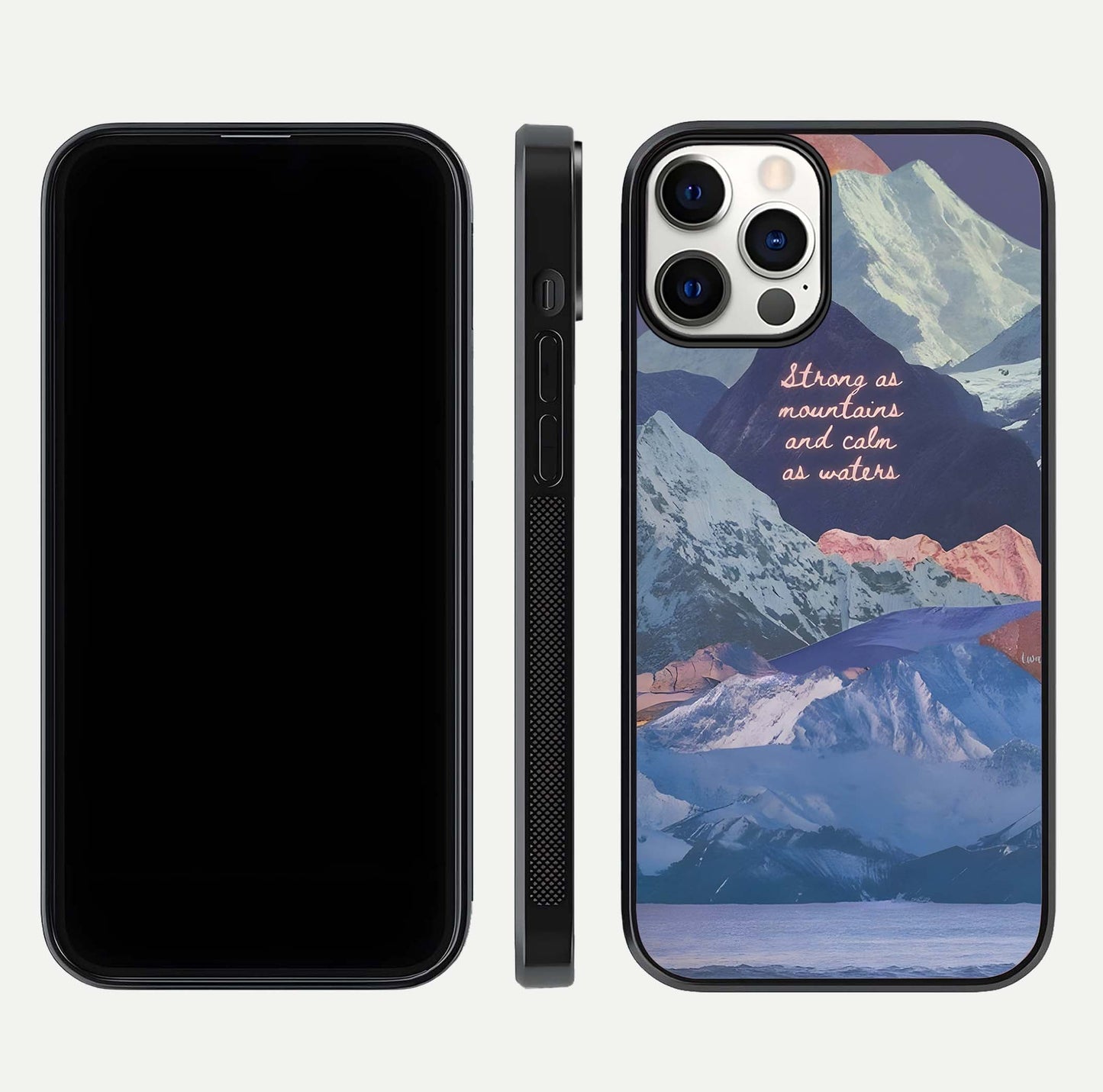 Celestial Mountain Calm Glass Case for iPhone 12 Pro dual-view layout displaying scenic tones and curved finish