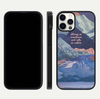 Celestial Mountain Calm Glass Case for iPhone 12 Pro dual-view layout displaying scenic tones and curved finish